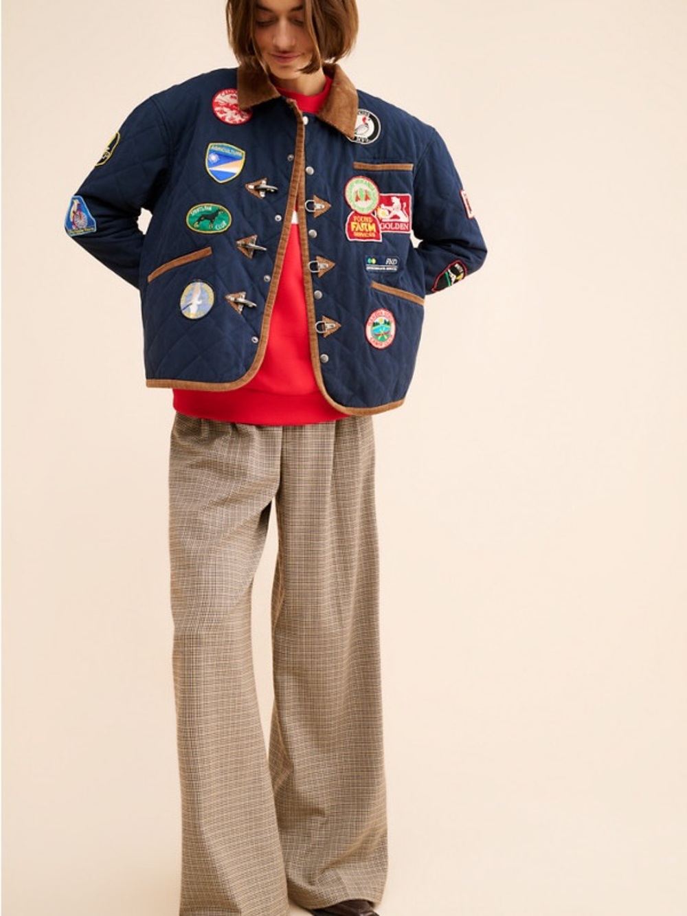 Quilted Navy Patchwork Badge Jacket with Contrast Trim